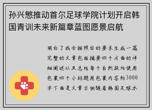 孙兴慜推动首尔足球学院计划开启韩国青训未来新篇章蓝图愿景启航